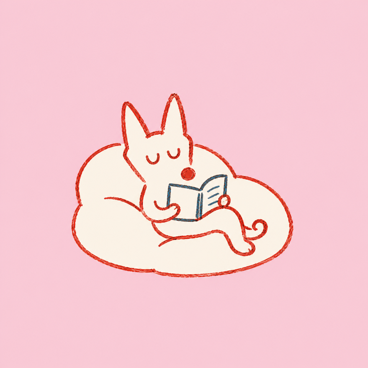 Peppi relaxing with a book on a cushion